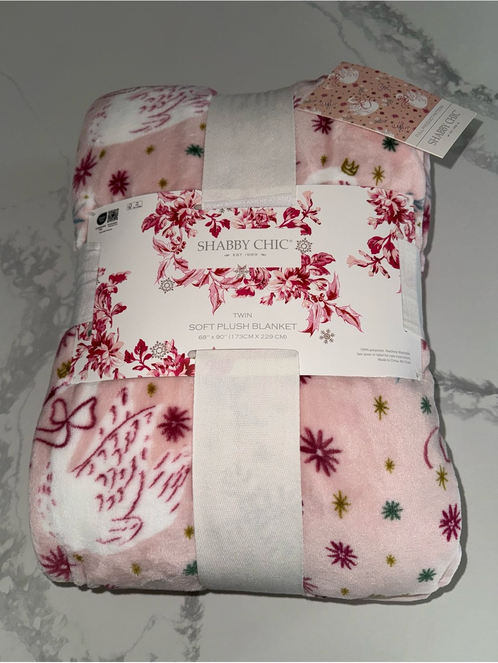 Shabby Chic Holiday Swans Pink Plush Blanket Floral Bows Candy Canes NEW